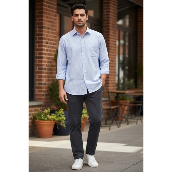 Pronto Uomo Other - Pronto-Uomo blue stripe 80's w-Ply Non-Iron dress shirt size 15.5 32/33 V28